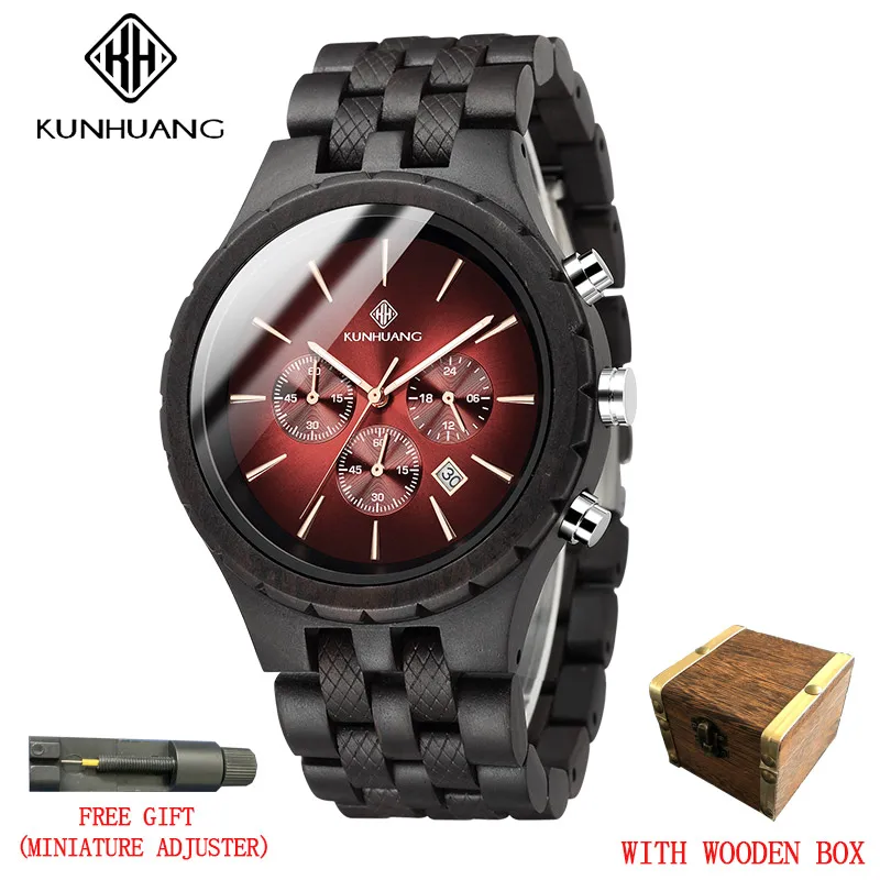 

KUNHUANG Handmade Wooden Watch Multifunction Dial Mens Quartz Watch Luxury Luminous Hand Chronograph Stopwatch relógio masculino