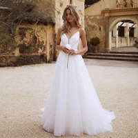 sexy a line deep v neck wedding dress simple sleeveless lace appliques spaghetti straps bridal gown backless zipper tulle train