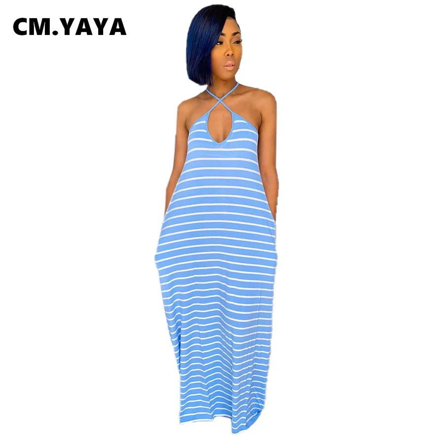 Женское длинное платье-футболка в полоску с V-образным вырезом и боковым карманом