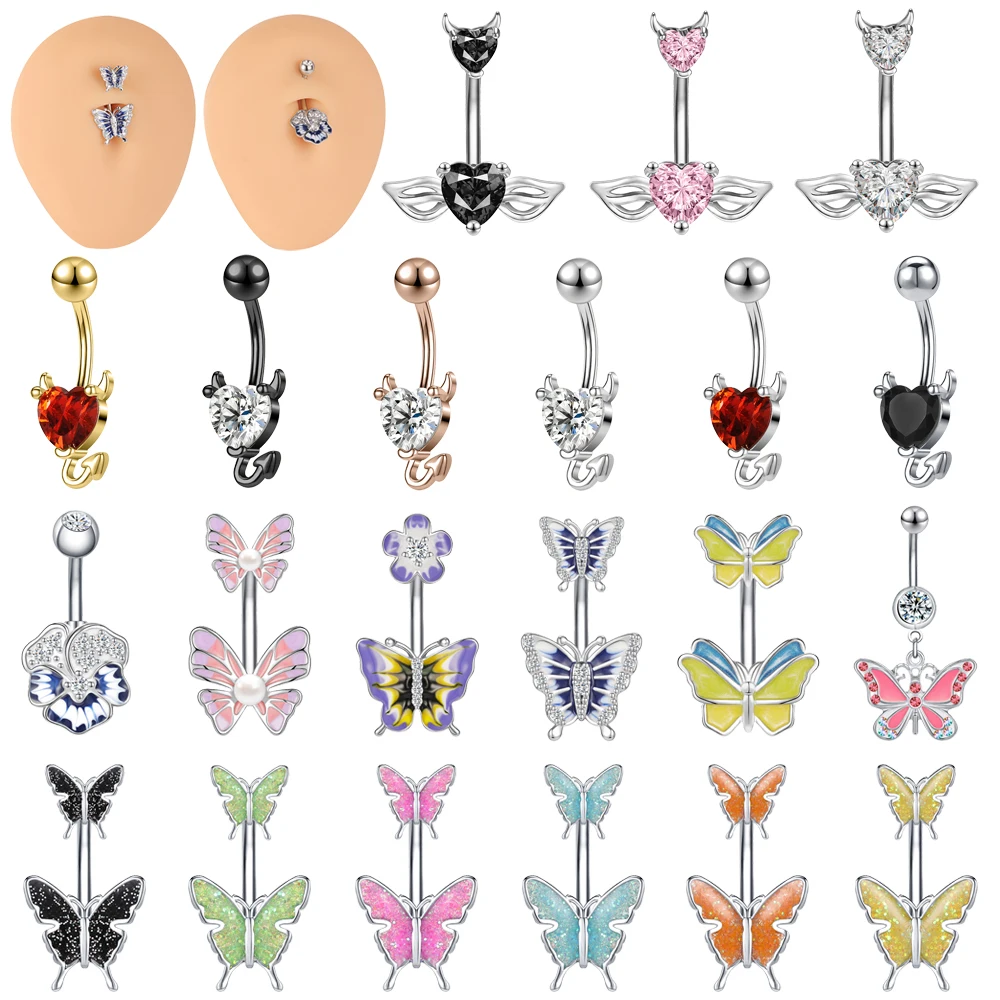 

AOEDEJ 1PC 14G Butterfly Belly Button Ring Crystal Heart Navel Piercing Rings for Women Butterfly Belly Body Piercing Jewelry