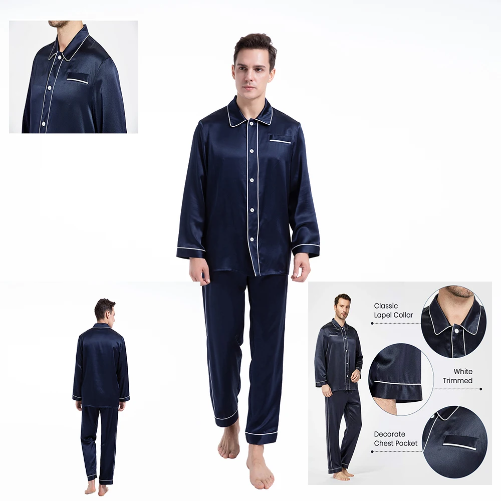 

YUNFREESILK Men's Silk Pajamas Set Classic Sleepwear Loungewear 22mm Luxury Long Sleeve Top & Bottom Pajama Lounge Set XS~3XL