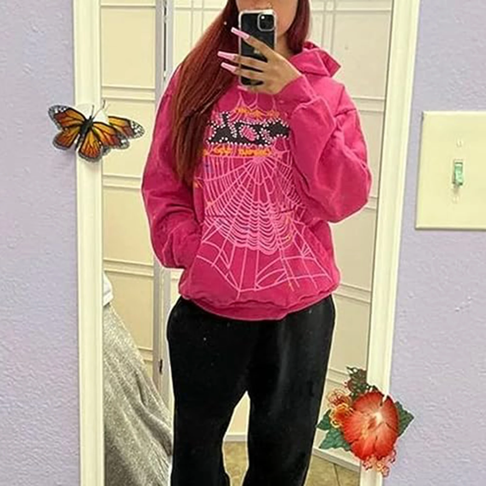 

Women Casual Y2k Fashion Spider Web Print Hoodies Long Sleeve Sweatshirts Streetwear Hip Hop Gothic Autumn Winter Daily Tops