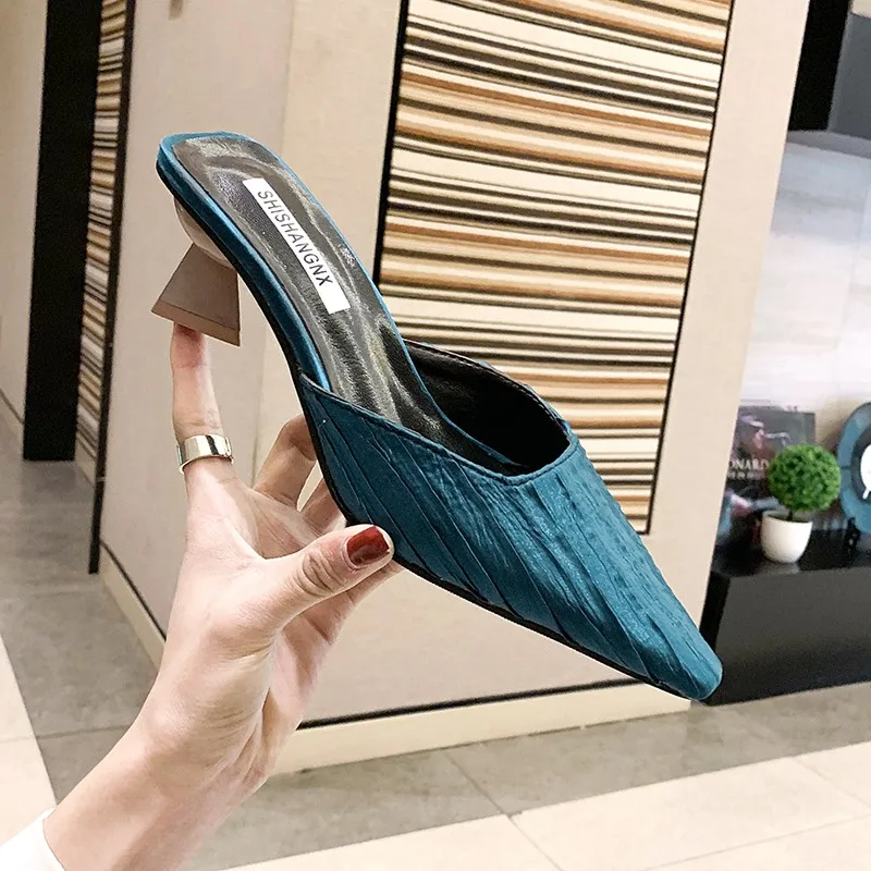 

Shoes Woman 2022 Female Mule Slippers Casual Pointed Toe Pantofle Med Square heel Mules Luxury Summer Flat New Block Cover Hoof