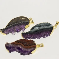 geode druzy purple crystal stone natural slice feather pendant 2022 for women gold plating new diy jewelry making quartz slab