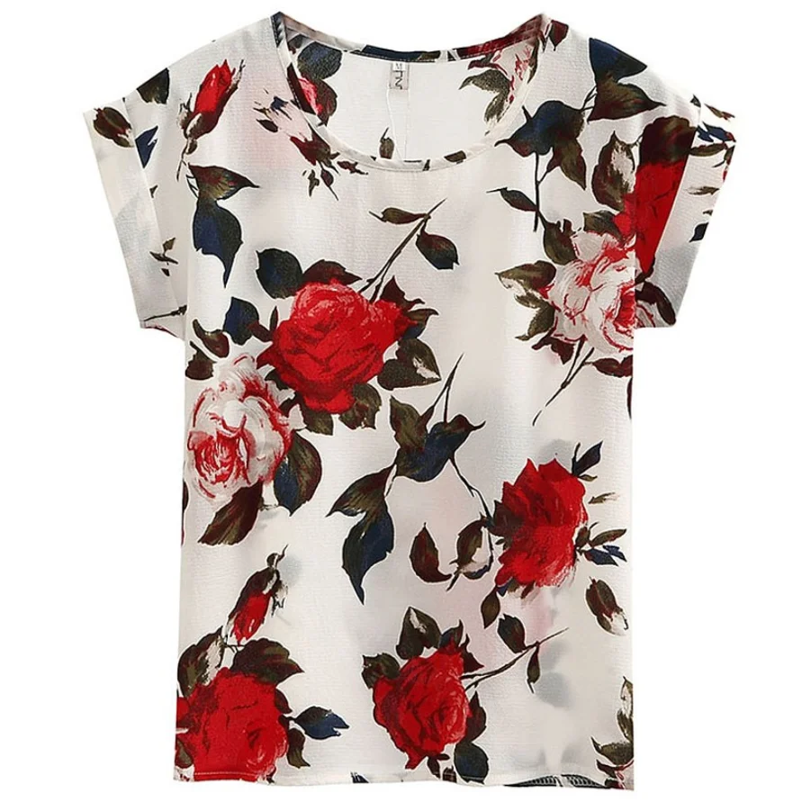 

Blusas Mujer Women's Flower Print Floral Short Sleeve Chiffon Shirt Summer Holiday Wear Tunic Off White Tops and Blouses