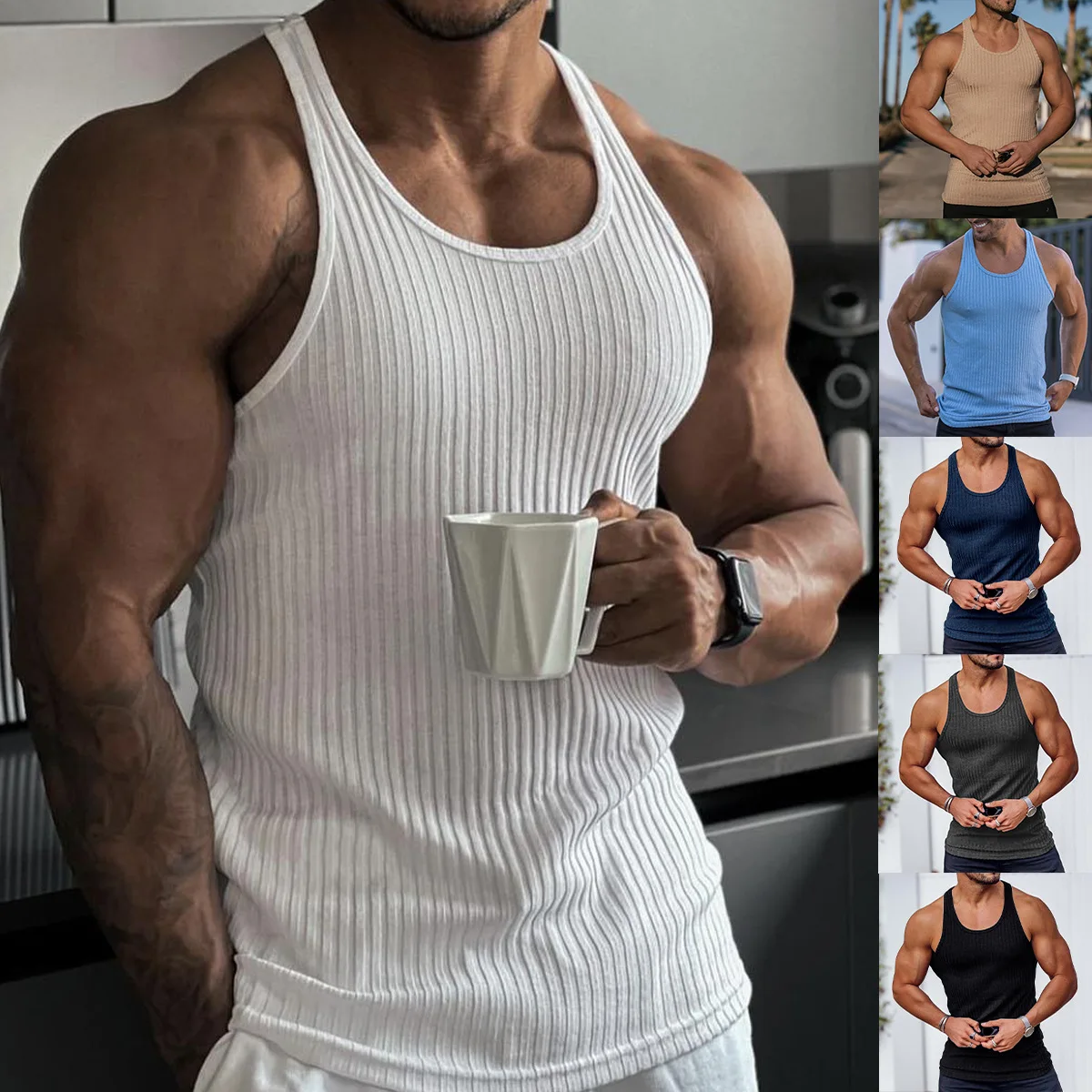 

2023 Caofeimao Rib Knitted Man Vests Summer Casual O-Neck Sleeveless Slim Stretch Sporty Tank Tops