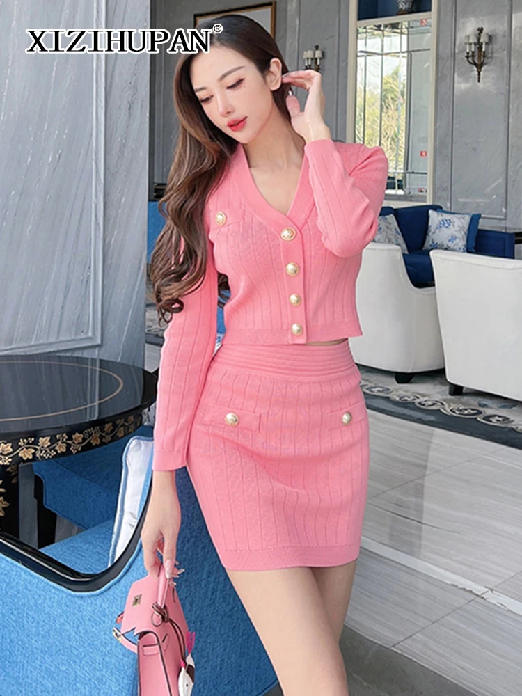 

XIZIHUPAN Vintage Two Piece Set For Women V Neck Long Sleeve Tops High Waist Mini Bodycon Skirts Female Knitted Sets Spring New