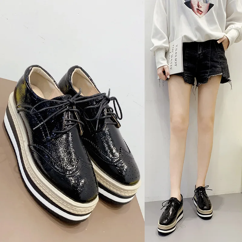 

Round Toe Shoes Woman Flats Clogs Platform Oxfords Dress Cross New Creepers Patent Leather Fabric Striped Cross-tied Slides Lace