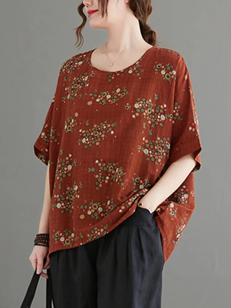 100% Cotton Women Casual T-shirts New Arrival 2022 Summer Vintage Style Floral Print Loose Female Short Sleeve Tops Tees B1660 |