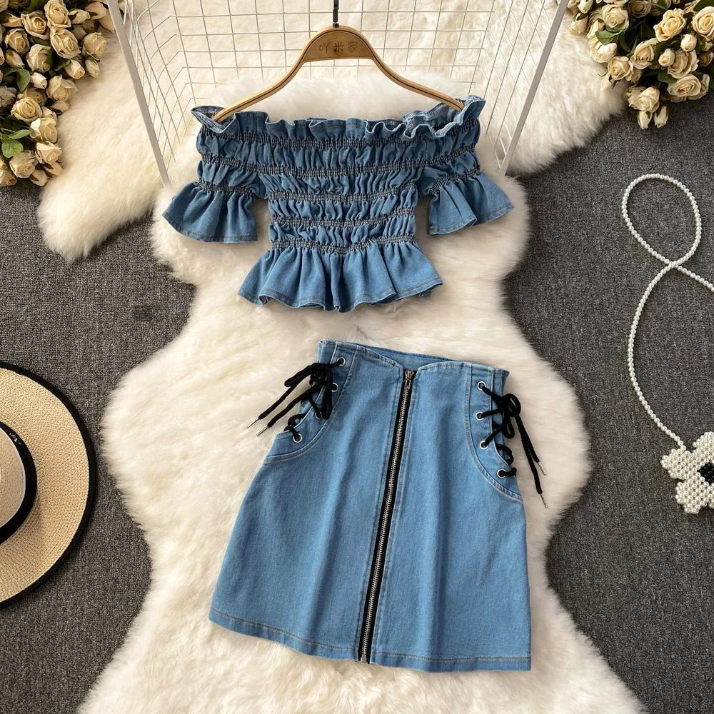 

Off The Shoulder Women Denim Shirts+High Waist Bandage Skirts 2Pcs Summer Hot Girls Slim Elastic Crop Tops Skirt Clothes Sets