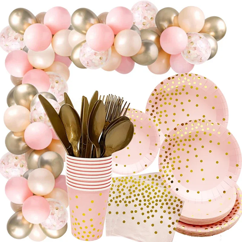 

Pink and Gold Party disposable tableware set, paper plates, cups, straws, napkins balloon garland, baby shower decoration