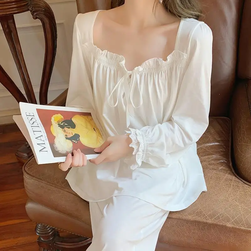 Autumn French pajamas set cotton White Nightwear Women long Sleeved Homewear Cute kawaii Lace Nightgowns Princess sleepwear