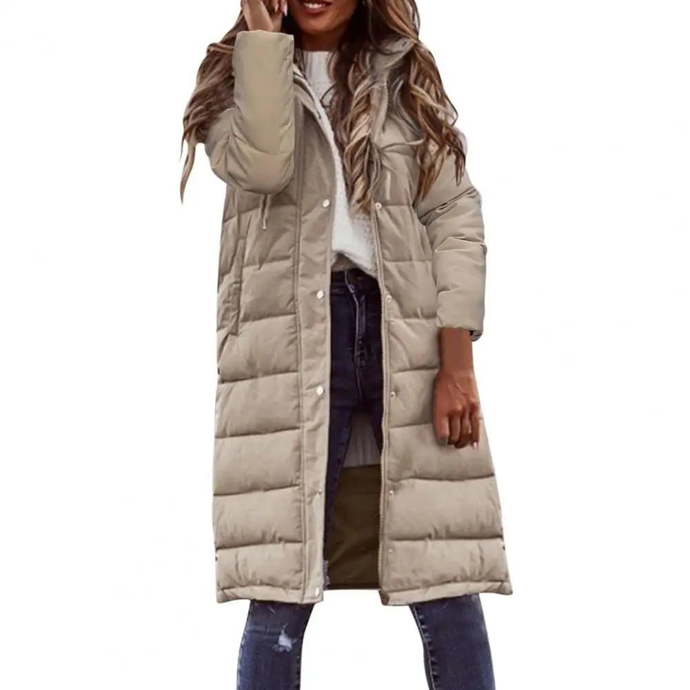 Long Sleeve Pockets Buttons Zipper Placket Thickened Striped Quilted Women Coat Winter Solid Color Hooded Mid-length Down Jacket