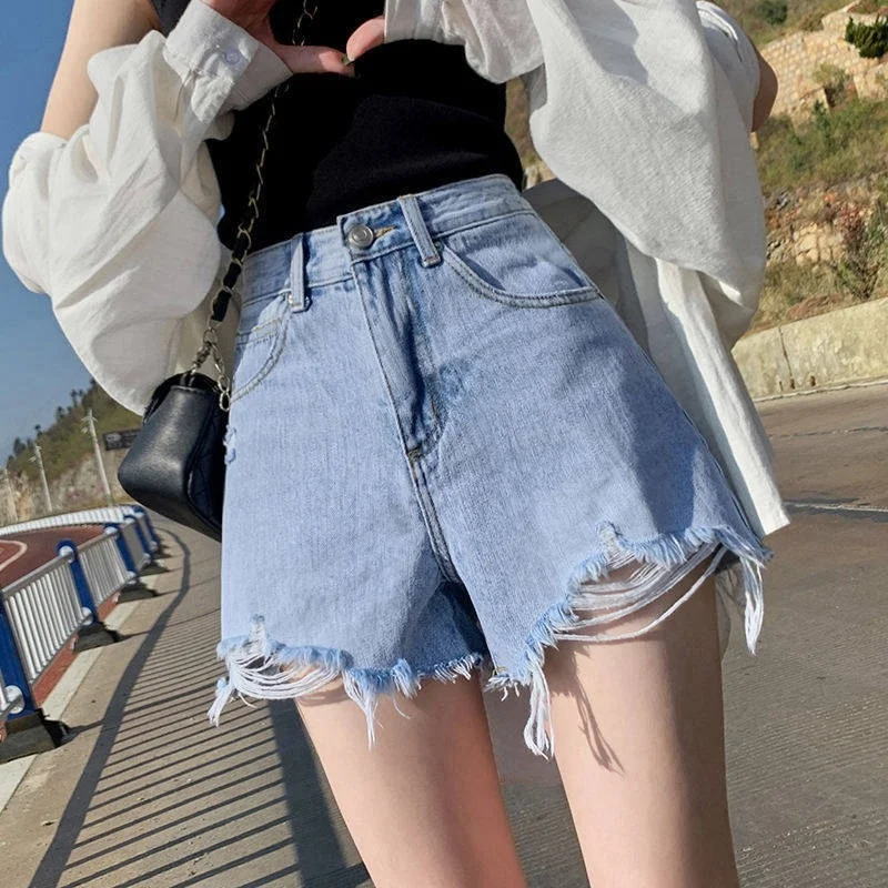 

New Fashion Denim Shorts Women's Summer High Waist Versatile Korean Hole Loose Wide Leg Student A-shaped Denim Shorts