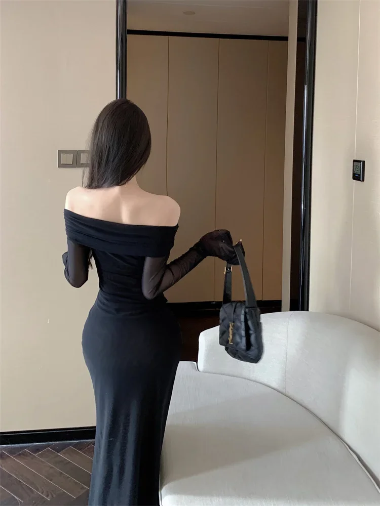 Женское платье Ezgaga с вырезом лодочкой длинным рукавом и открытыми плечами