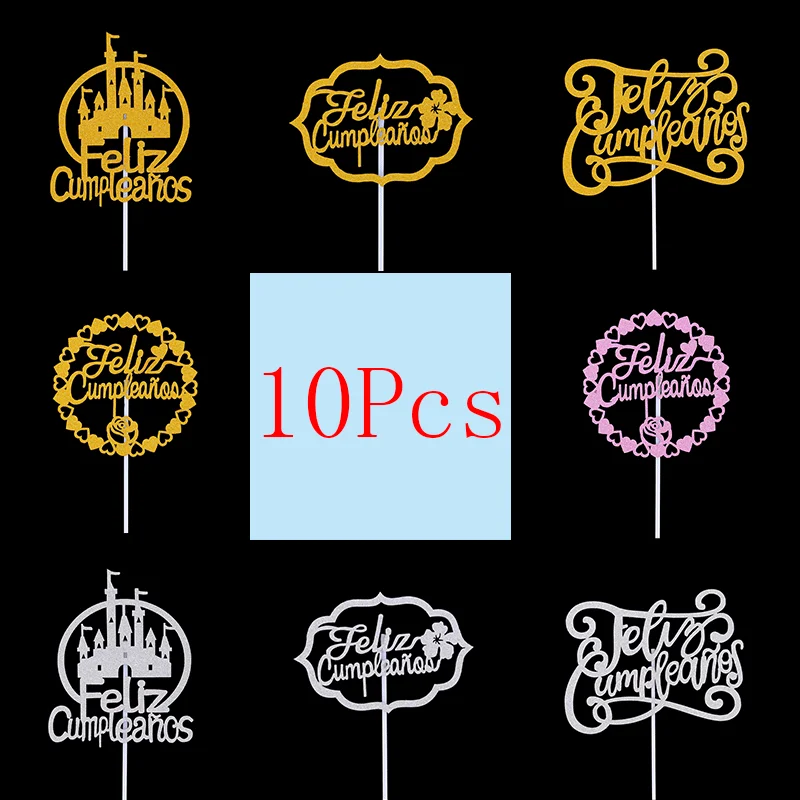 

Spanish Cake Topper Happy Birthday Party Decoration Flowers Cake Baking Decor Cupcake Topper Bowknot Topper