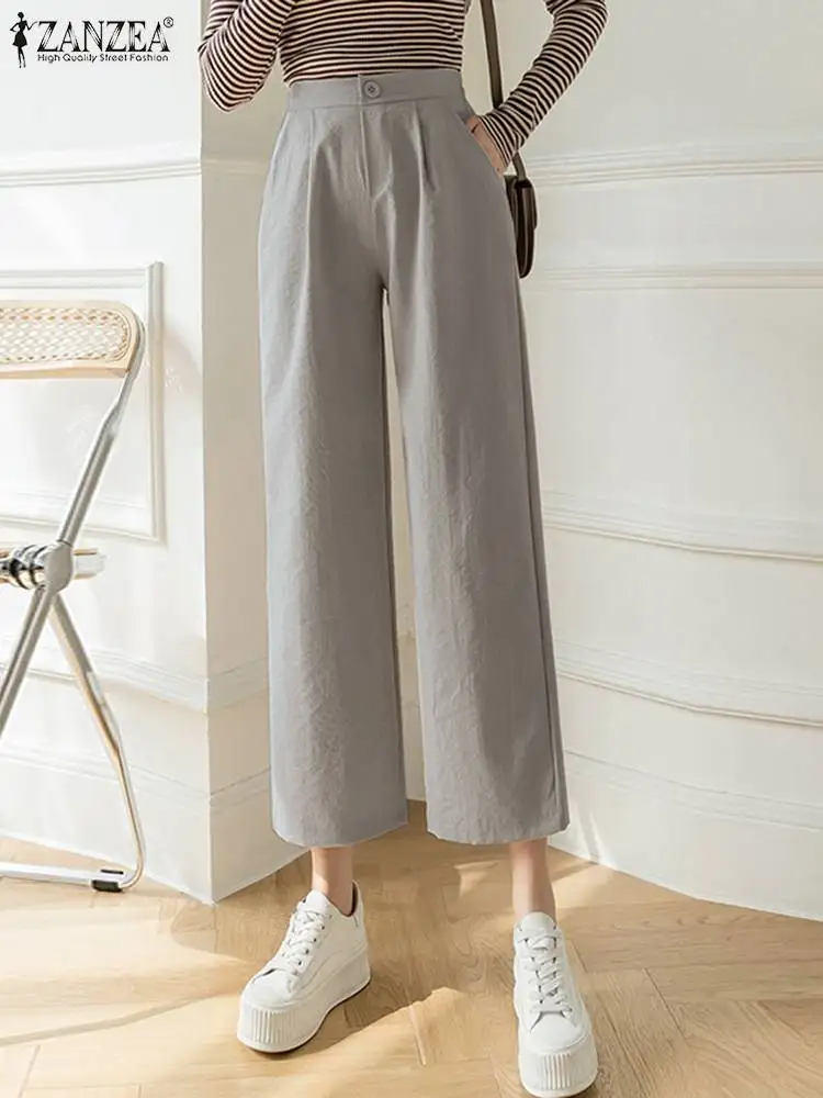

ZANZEA Women Solid Color Pants Fashion Elastic High Waist Wide Leg Straight Long Trousers Casual Loose Pantalons 2023 New Bottom