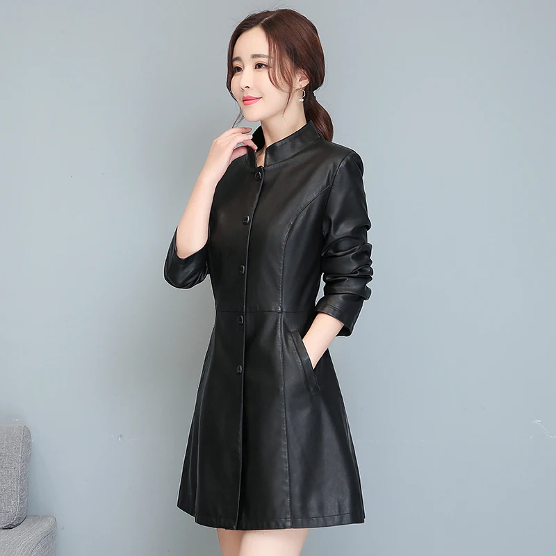 Women Leather Trench Coat 2022 New Autumn Winter Single Breasted Faux Sheepskin Leather Coat Long Black Red Outwear