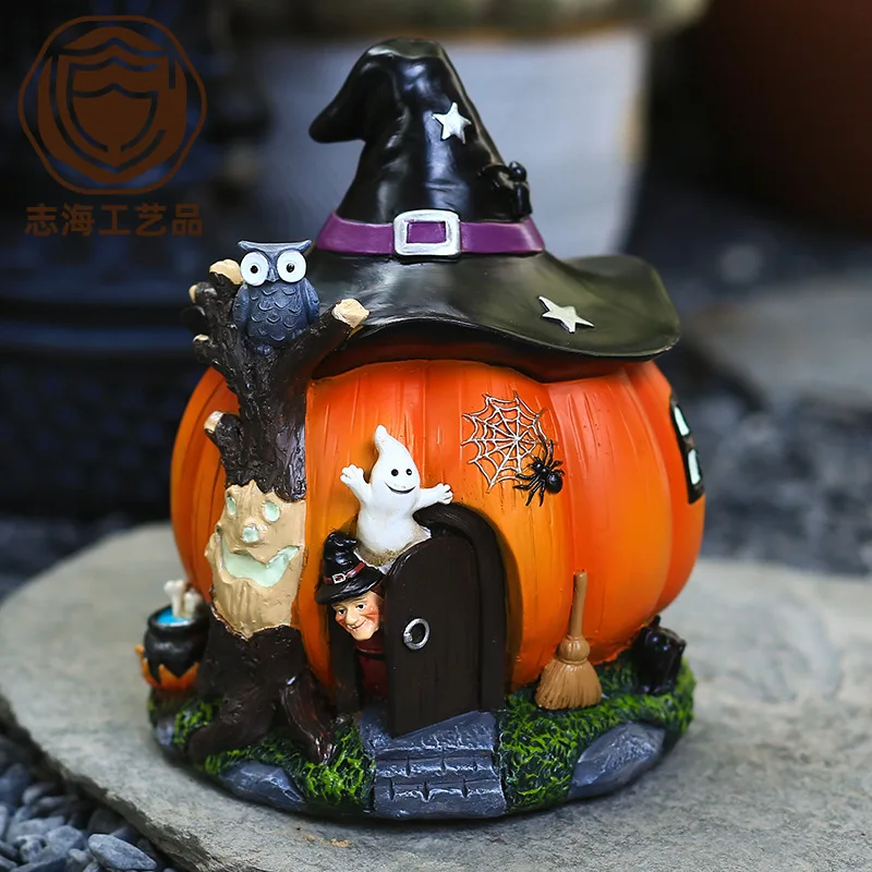 

Halloween Pumpkin House Action Figures Luminous Witch Pumpkin House Ornament Festive Decorative Model Doll Resin House Gifts