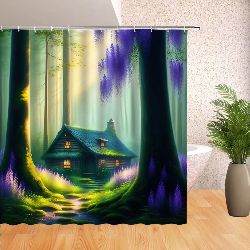 

Forest Dream landscape shower curtain House Waterfall Green plant shower curtain Waterproof decorative shower curtain