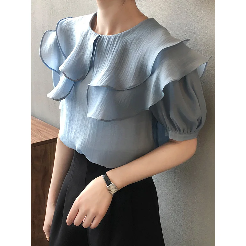 

SuperAen Милая гофрированная однотонная Повседневная рубашка с пышными рукавами 2022 летние новые свободные кукольные женские топы