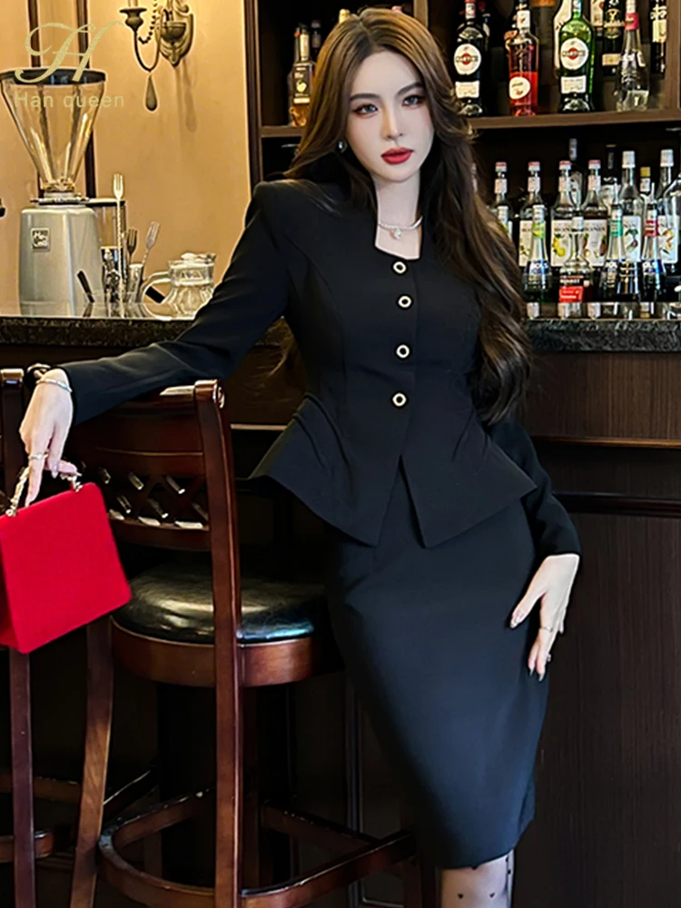 H Han Queen New Spring Autumn Business Suit Skirt Women Suit Jacket + High Waist Pencil Skirts Casual Simple Office 2 Pieces Set images - 6