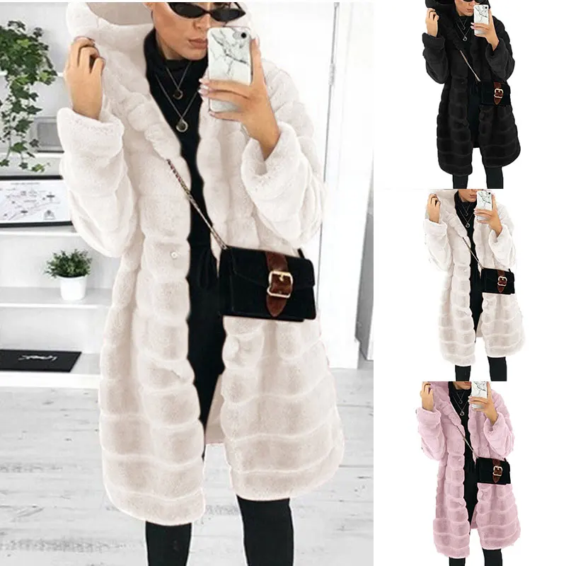 

Ladies Fashion Thicken Clothing Soft Winter Warm Mid-length Slim-fit Coat Solid Color Simple All-match Faux Fur Jacket Outwear