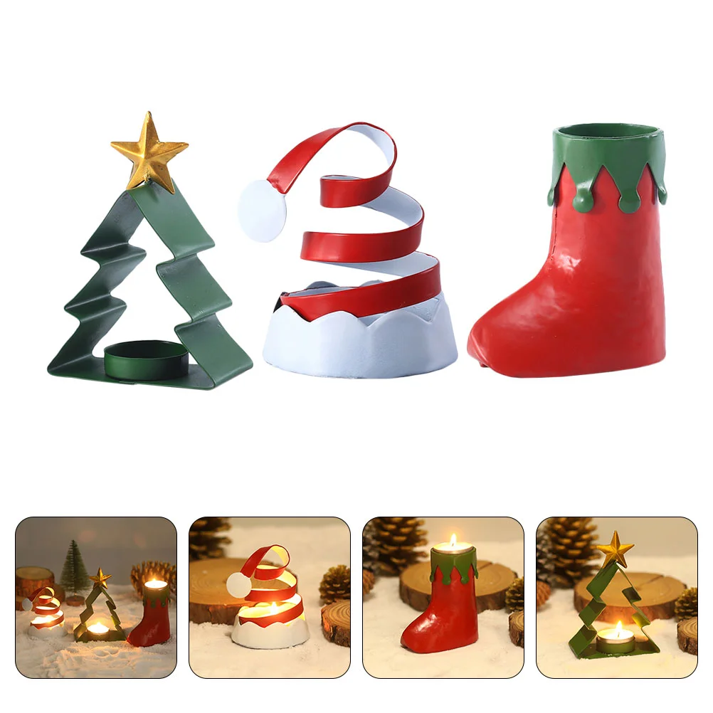 

3Pcs Xmas Tree Hat Boot Candlestick Dining Table Candleholder Iron Candle Cup