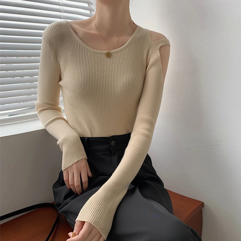 

Off Shoulder Long Sleeve Sweater Women Knitted Top Sweaters Womens Korean Style Pullover Autumn Jumpers Jersey De Mujer Invierno