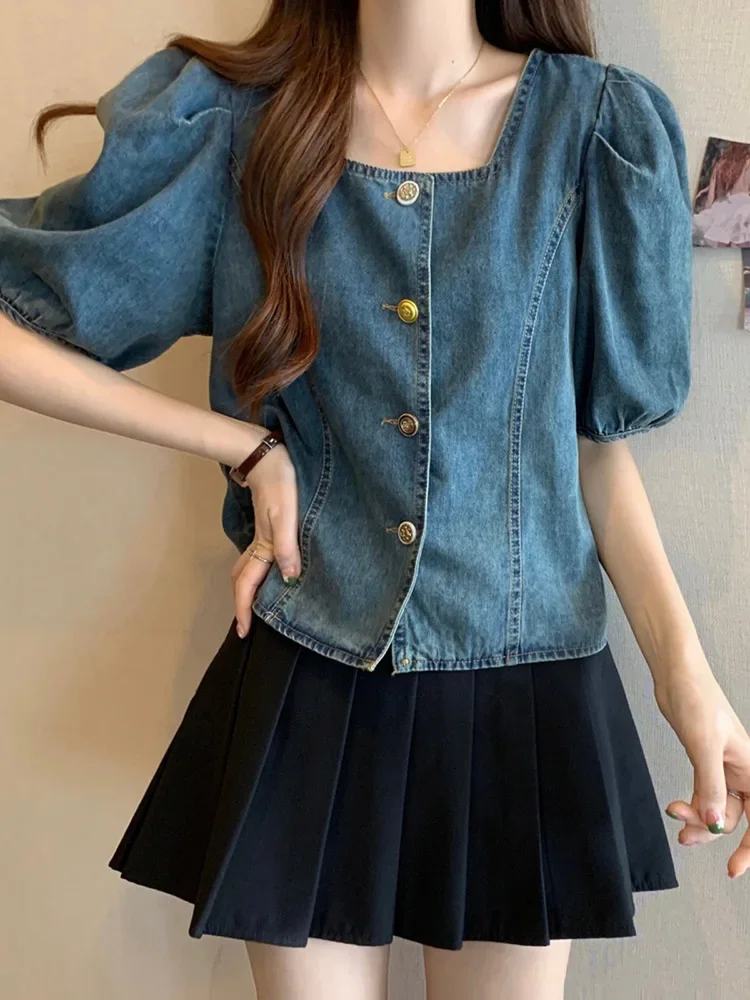 Женская джинсовая рубашка с коротким рукавом кардиган квадратным вырезом