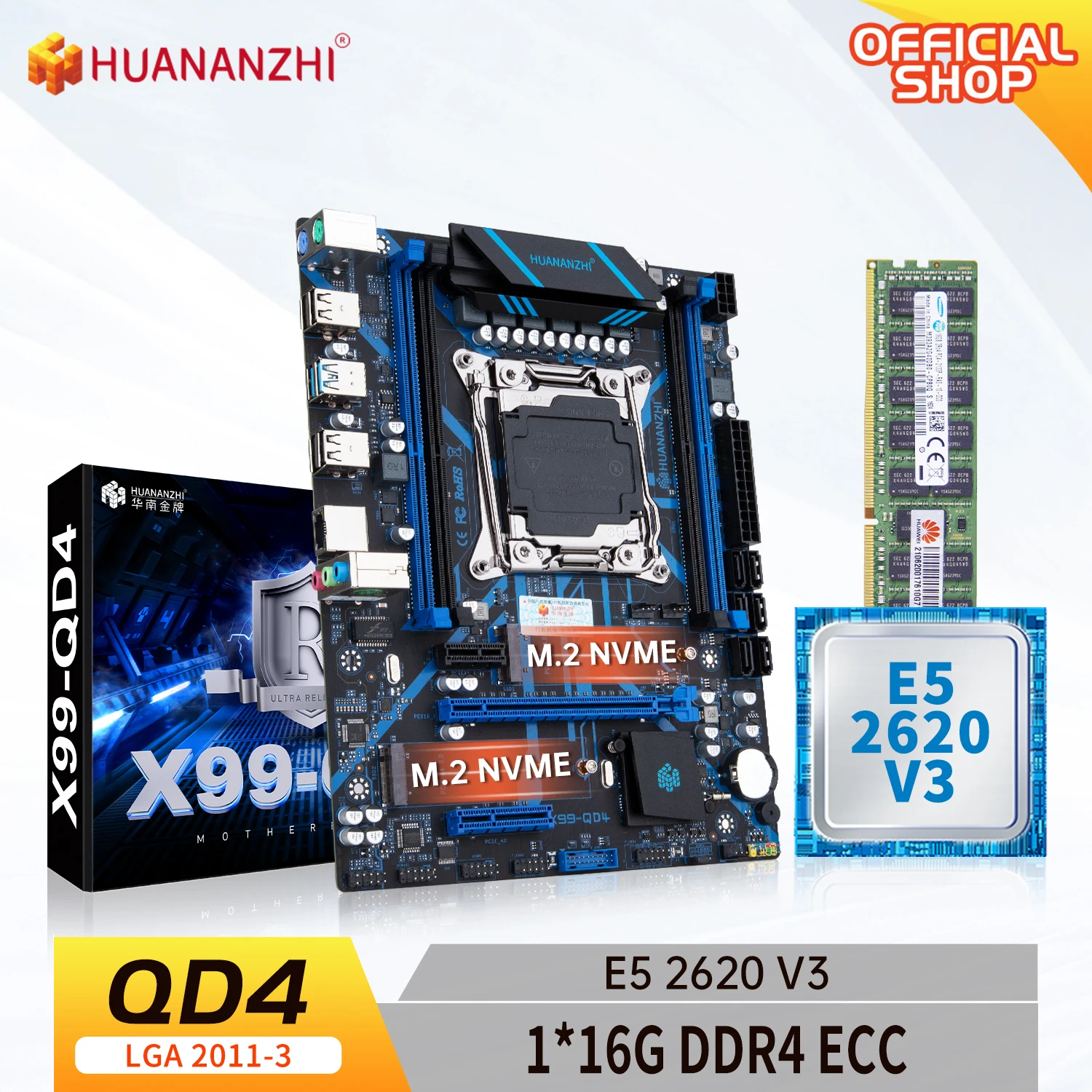 HUANANZHI X99 QD4 X99 Motherboard with Intel XEON E5 2620 v3 with 1*16G DDR4 RECC memory combo kit set NVME NGFF SATA USB 3.0