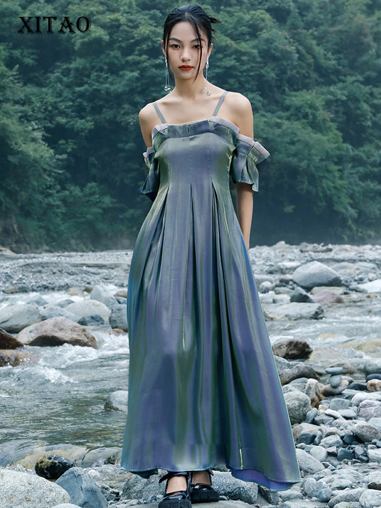 

XITAO Folds Slip Dress Women Korea 2022 Summer New Arrival Personality Fashion Loose Sleeveless Straight Neck Dress WLD8282