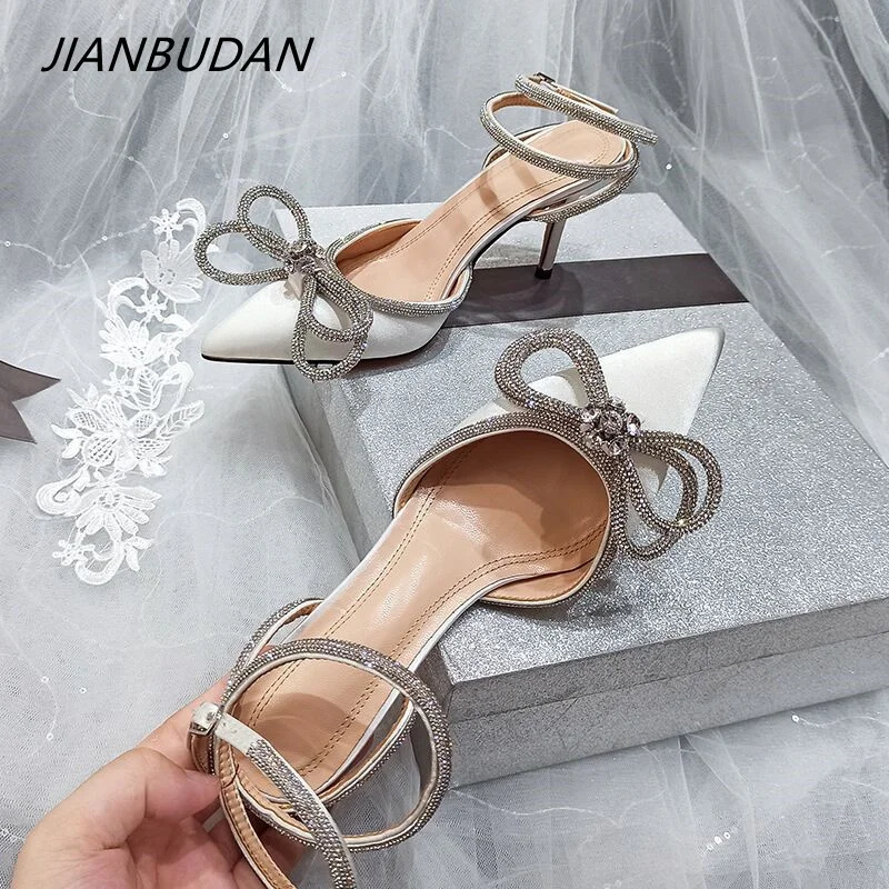 

Новые женские босоножки с блестками, босоножки на высоком каблуке, с бантом из стразов, атласная летняя обувь, босоножки на высоком каблуке