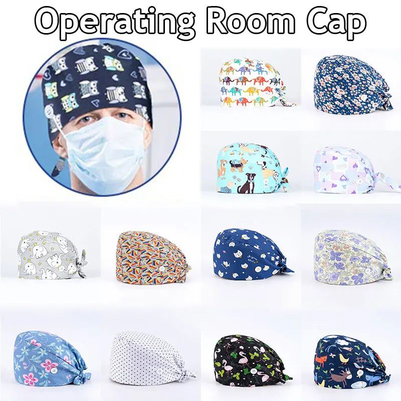 

Unisex Cotton Adjustable Scrubs Hats Floral Print Medical Caps Dental Clinic Work Hats Tieback Elastic Pet Grooming Nursing Cap