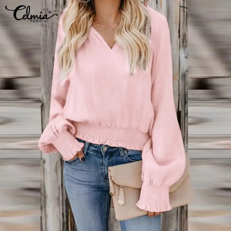 

Женская Повседневная хлопковая блузка Celmia, летняя Модная легкая блузка с длинным пышным рукавом, элегантная плиссированная рубашка с V-обра...