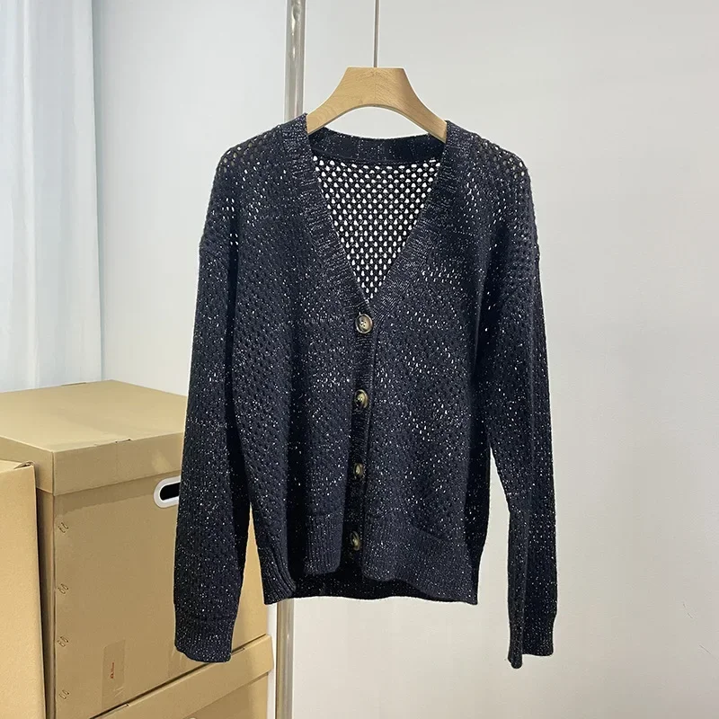 

Cashmere Knitted Cardigan Gold Thread Hollow V-neck Jacket Loose Casual Woolen Autumn and Winter Women Top