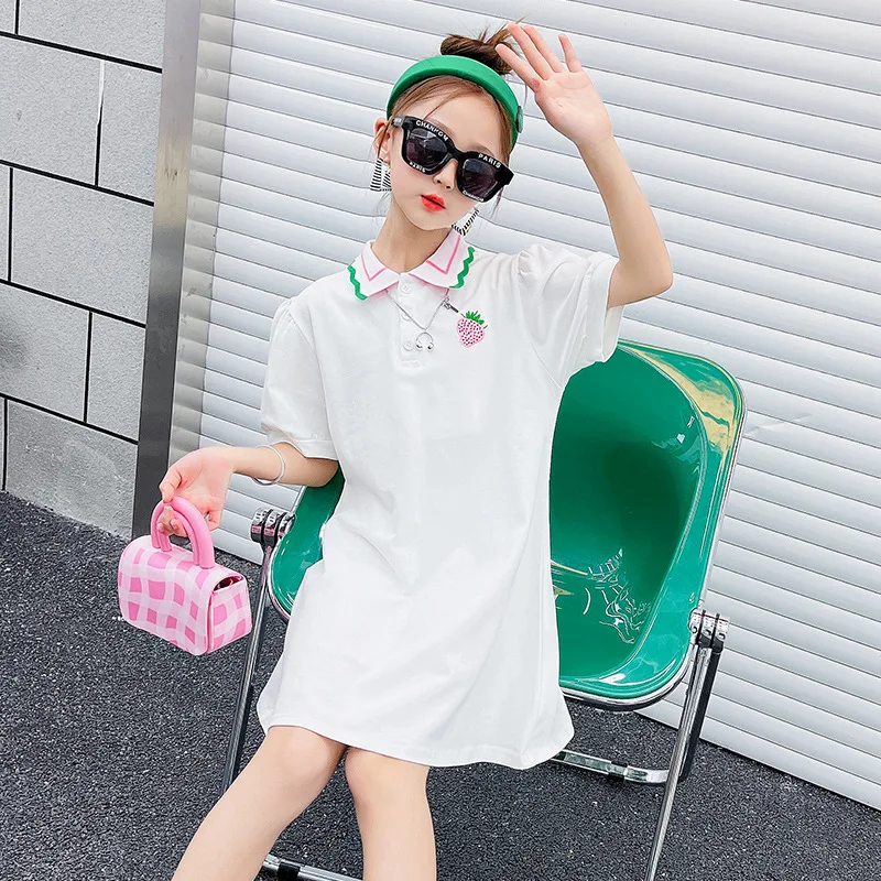 

Футболка для девочек-подростков, летняя детская длинная футболка, белая, розовая хлопковая футболка, топ для детей, рубашка-поло для девочек...