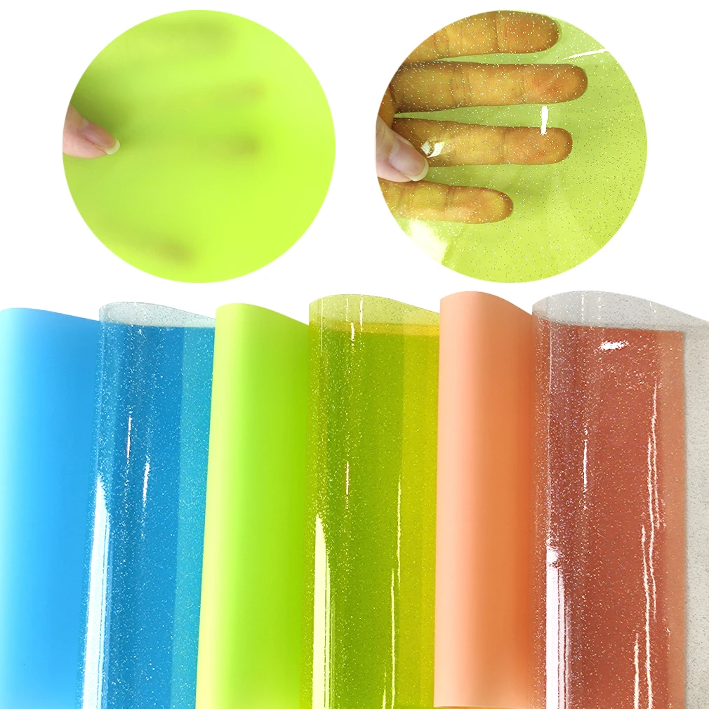 Solid Color Jelly Roll Vinyl Clear PVC Fabric Glitter Synthetic Leather Sheet for Bows Bags Book Cover DIY Craft Materials A4Set |
