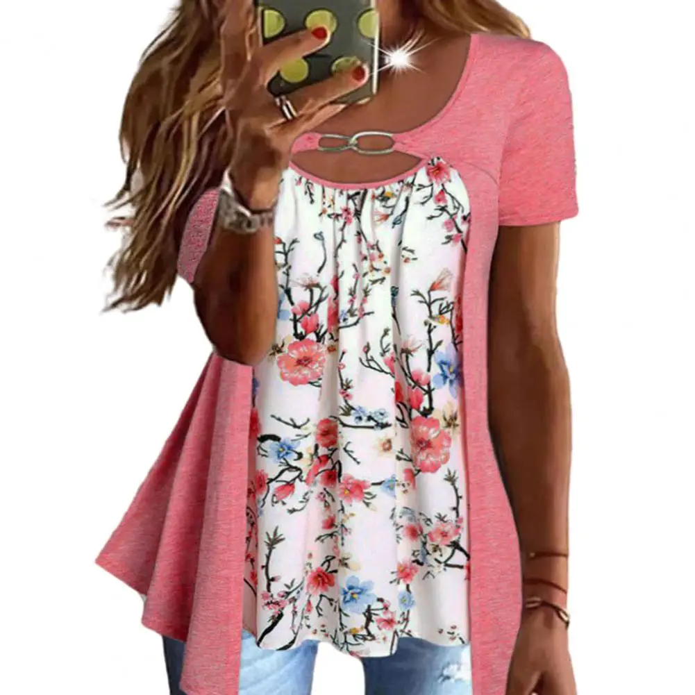 

Summer Women Blouse Top 2023 Short Sleeves Hollow Out Flower Print Fake Two-piece Loose Hem U Neck Lady T-shirt Blouse