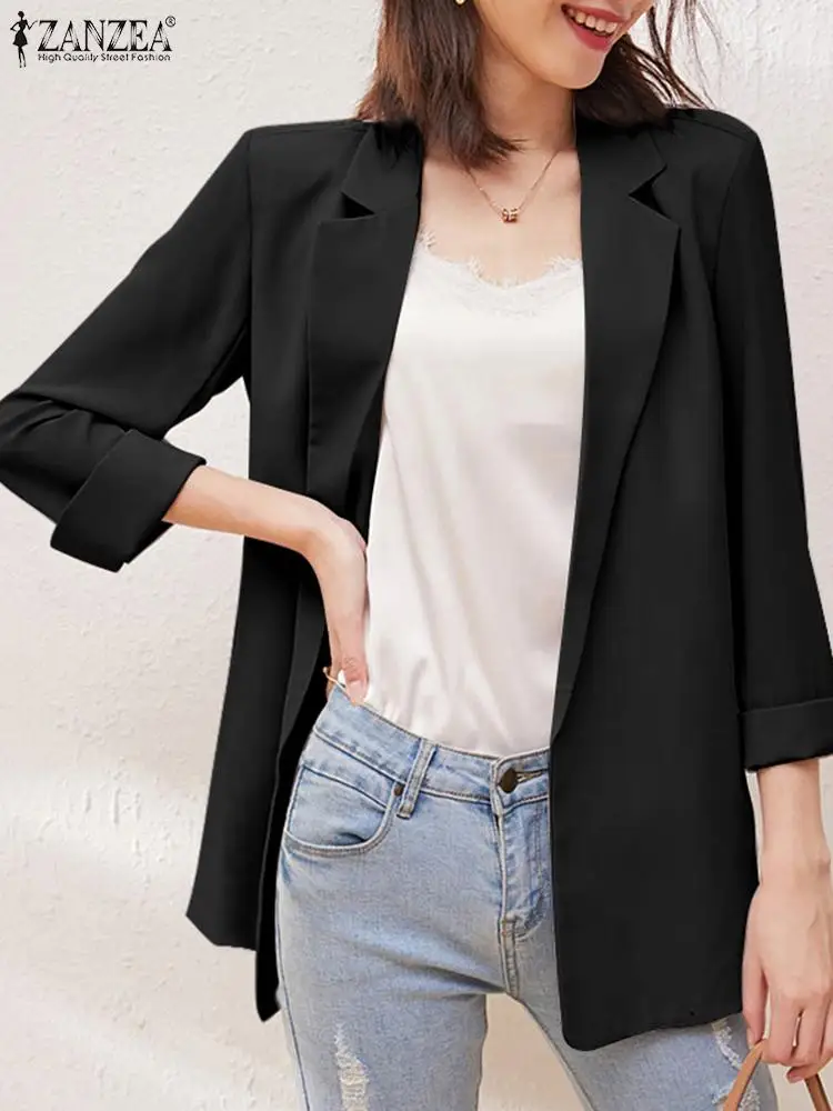 

Women Summer Long Sleeve Blazer ZANZEA Fashion Work Wears Oversized Elegant Streetwears Causal Solid Loose Laple Neck Outwears