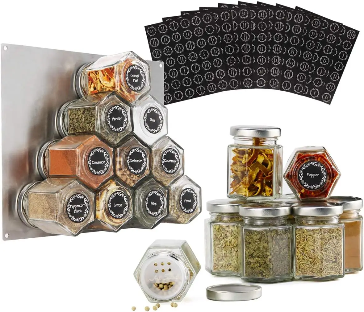 

3oz Spice Jar Hexagon Glass with Shaker Lids and 394pcs Labels Spice grinder Lunch box for kids Spice glass jars Oil bottle Air