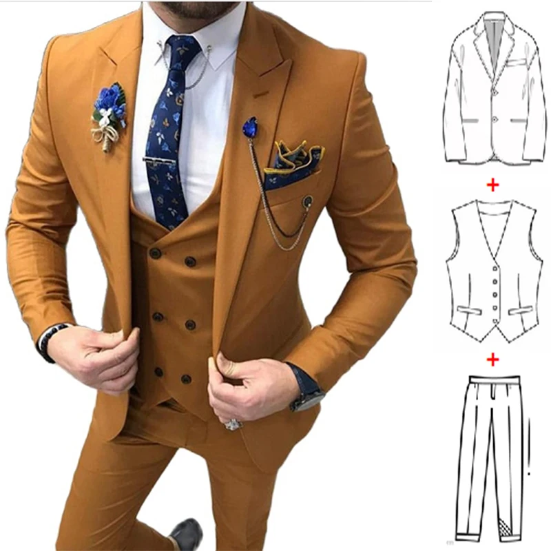 Latest 3 Piece Slim Fit Men Suit Formal Style Brown Male Fashion Wedding Tuxedos Groomsmen Dinner Suits (Blazer+Vest+Pants)