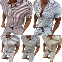 2022 new european and american summer slim business young mens fashion print casual shirt and shorts suit