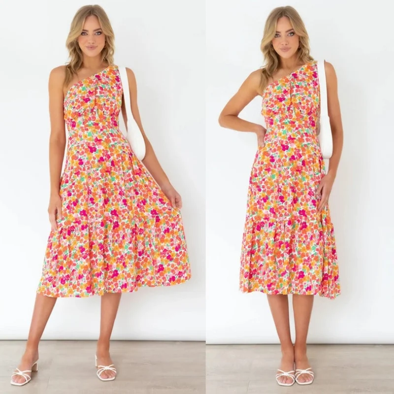 

2022Spring Hot Sale Shoulder Print Stitching Big Swing Dress