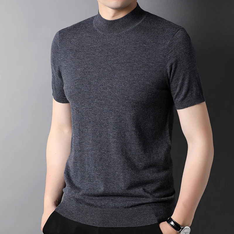 

Spring worsted pure half turtleneck short sleeve men's T-shirt slim sweater knitted thin Tops