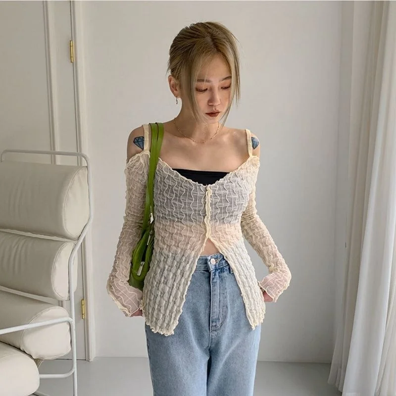 

2023 горячая Распродажа Y2K эстетичные топы с открытыми плечами на молнии с разрезом модные сексуальные футболки для E-girl с волнистыми оборками и длинным рукавом Trans