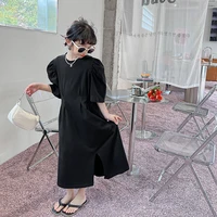 puff sleeve casual dress for girls summer new fashion cotton long princess dress teenager kids clothes split childrens costumes
