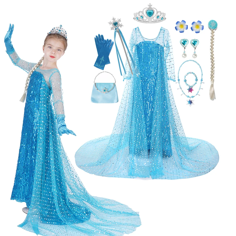 Disney Frozen Girls Elsa Cosplay Princess Dress Sequin Costume Snow Queen Halloween Birthday Party Prom Kids Clothes With Cloak