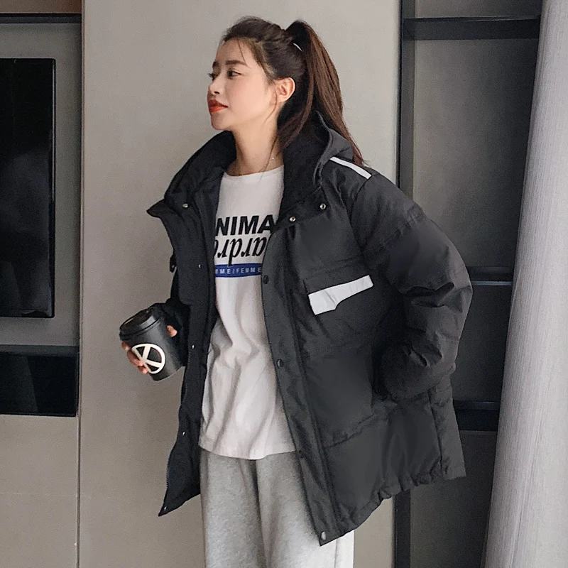 2021 Winter Female Loose Casual Jackets Korean Thickening Overcoat Women White Duck Down Hooded Jacket Long-sleeve Warm Parkas