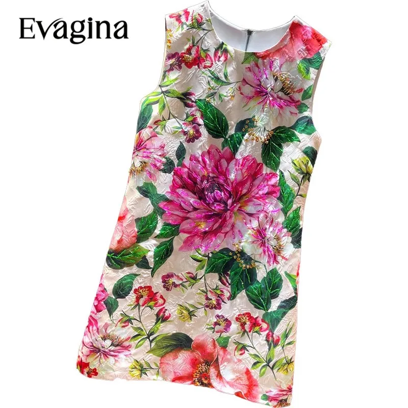 

Evagina винтажный принт ногтей бисер свободная талия мини платье Весна Лето праздник женские высококачественные жаккардовые платья